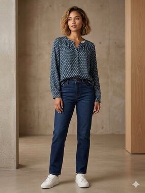 Lenon Navy Multicolor Printed Long-Sleeve Blouse